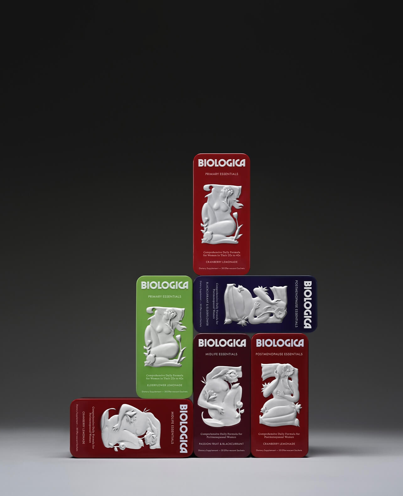 Collection of Biologica tins
with white figures on a gray background