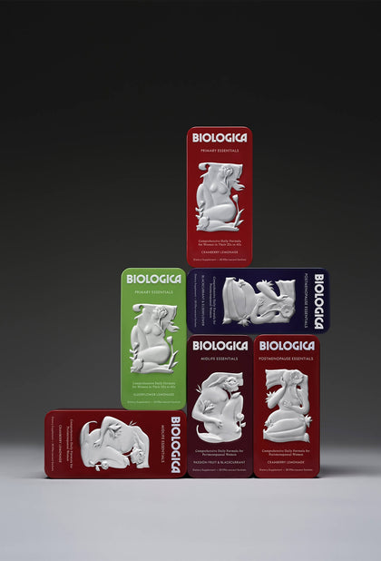 Set of Biologica product packaging on a gradient background