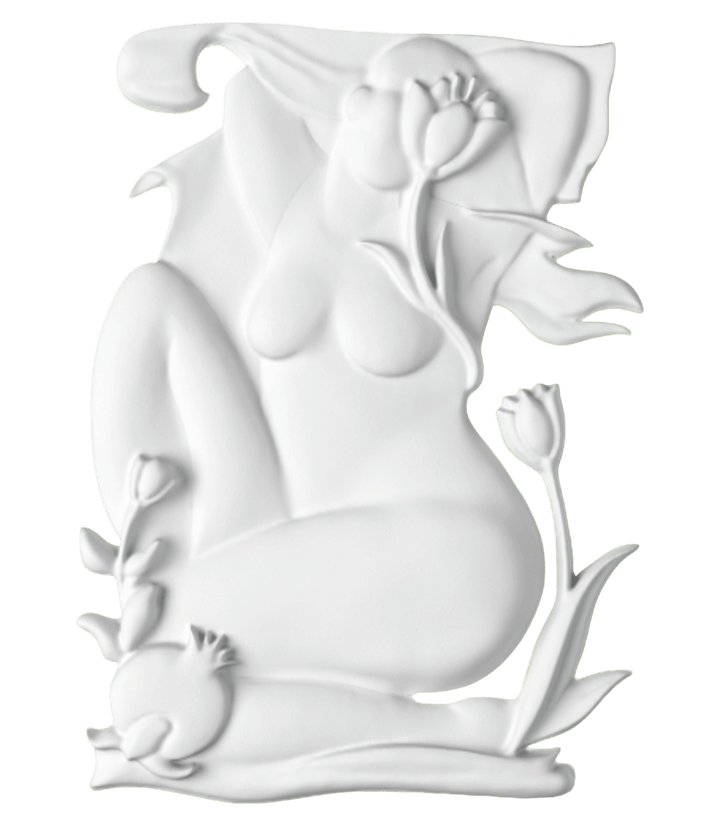White ceramic sculpture of a nude figure with floral elements on a white background