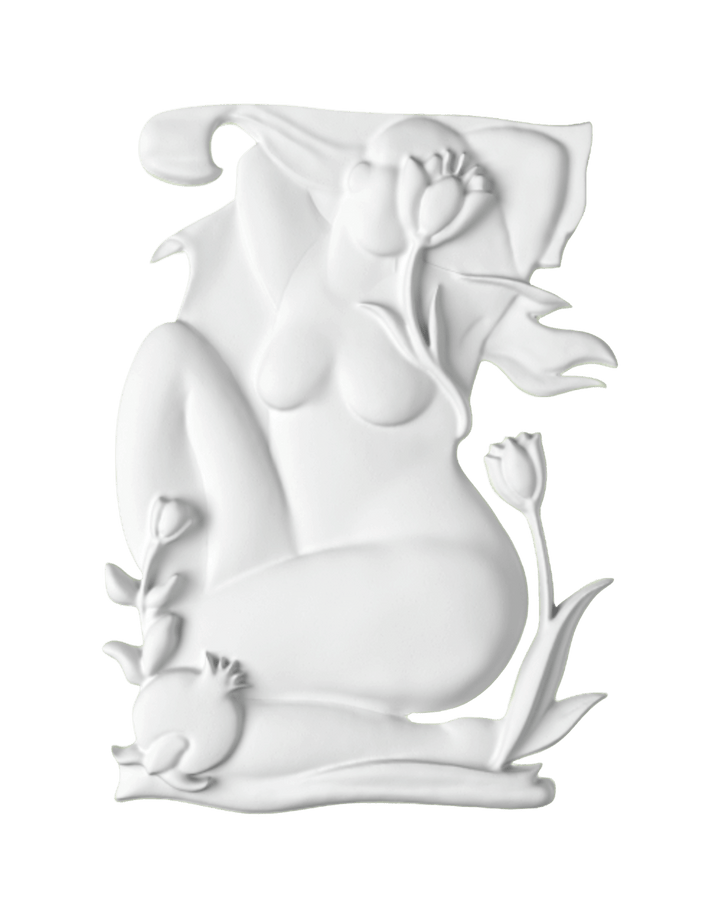 White sculpture of a stylized figure with floral elements on a black background