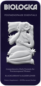 Biologica Postmenopause Essentials Blackcurrant and Elderflower flavor tin packaging