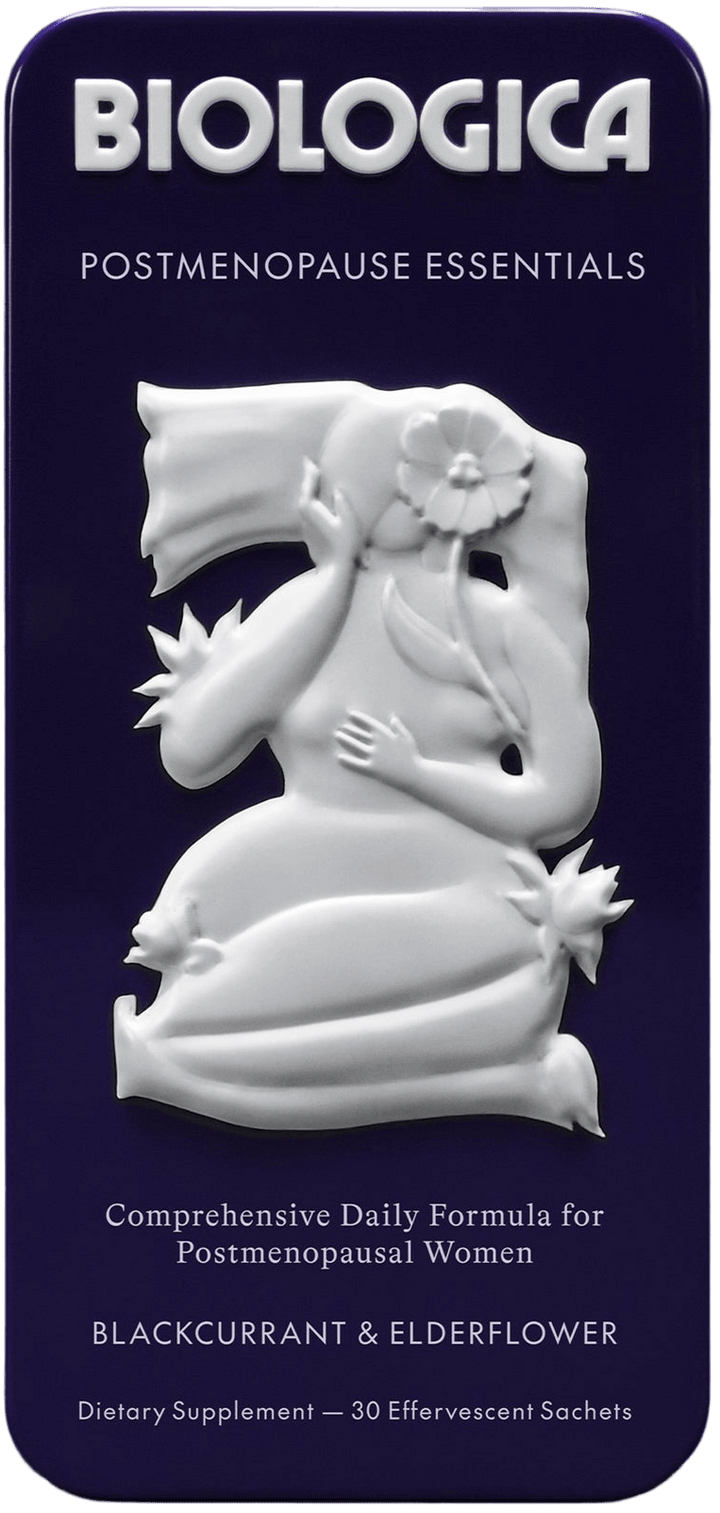 Biologica Postmenopause Essentials Blackcurrant and Elderflower flavor tin packaging