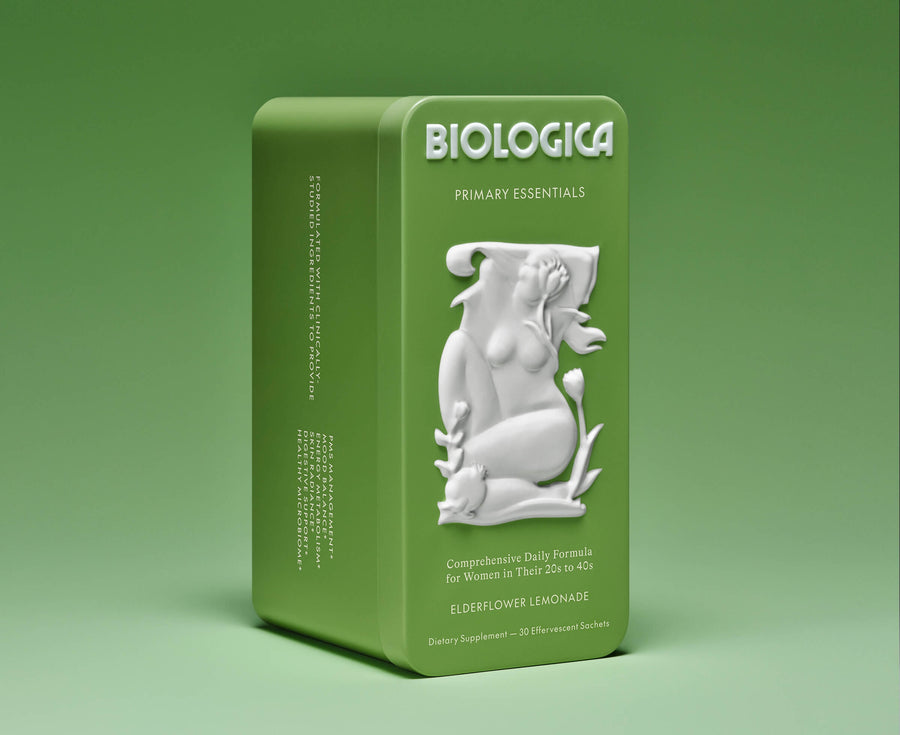 Green Biologica product packaging with white decorative design on a green background