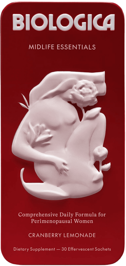 Biologica Midlife Essentials dietary supplement package with a red background and white figure design.