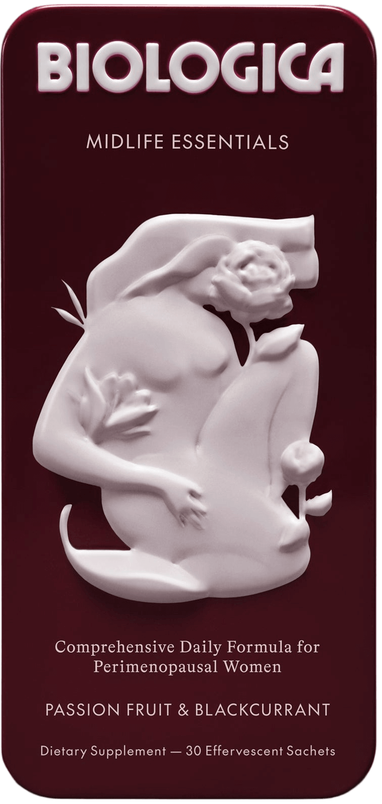 Biologica Midlife Essentials Passion Fruit & Blackcurrant flavor tin packaging