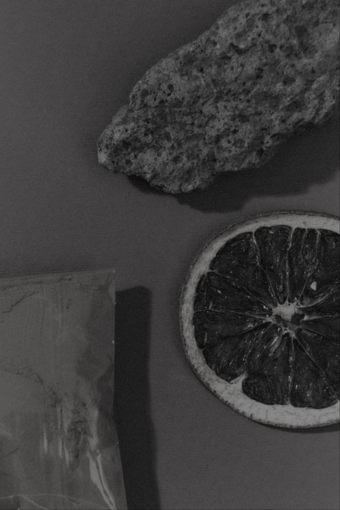 Black and white photo showing a dried citrus slice, a rough stone, and a plastic bag on a flat surface.