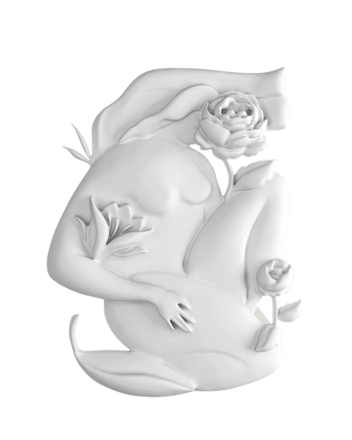 White sculpture of a woman holding flowers on a black background