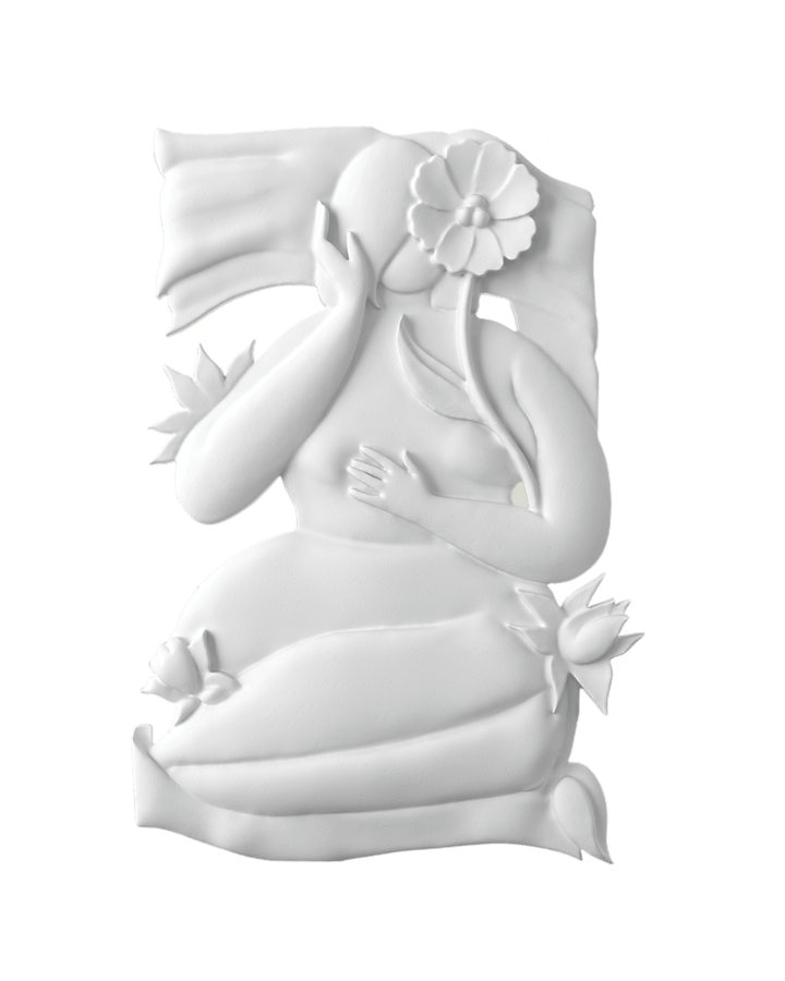 White decorative figure with floral elements on a black background